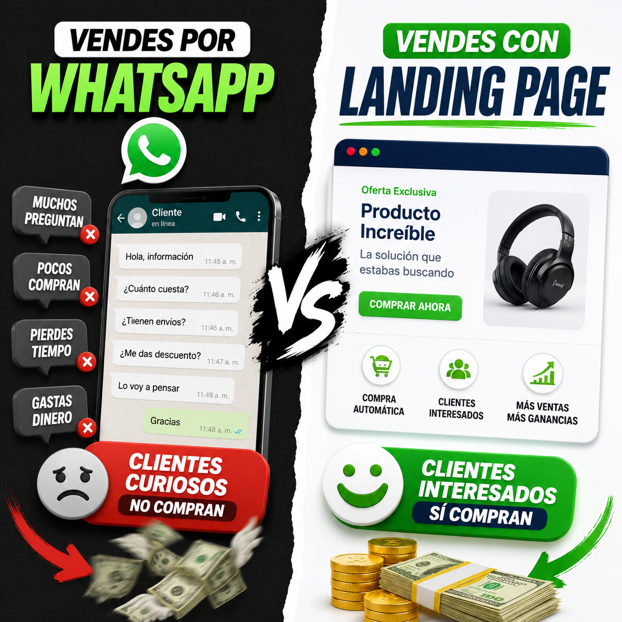 Vendes por WhatsApp: clientes curiosos no compran. Vendes con Landing Page: clientes interesados sí compran