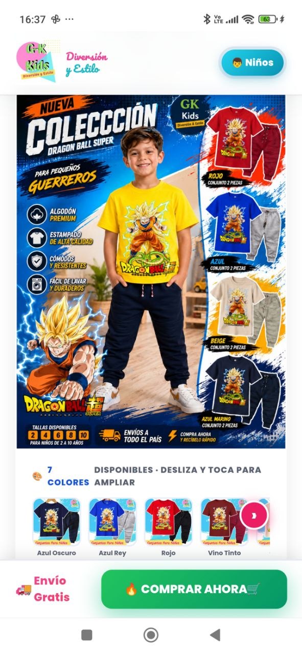 La landing page real de GKKids: colección Dragon Ball con precios, tallas, colores disponibles y botón de compra