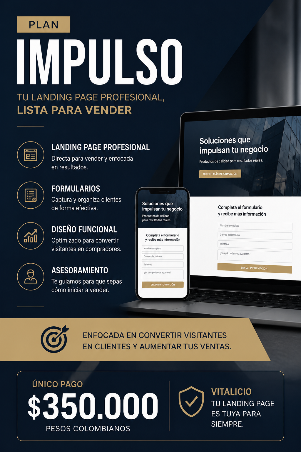 Plan Impulso — Tu landing page profesional, lista para vender. $350.000 pesos colombianos, único pago, vitalicio.